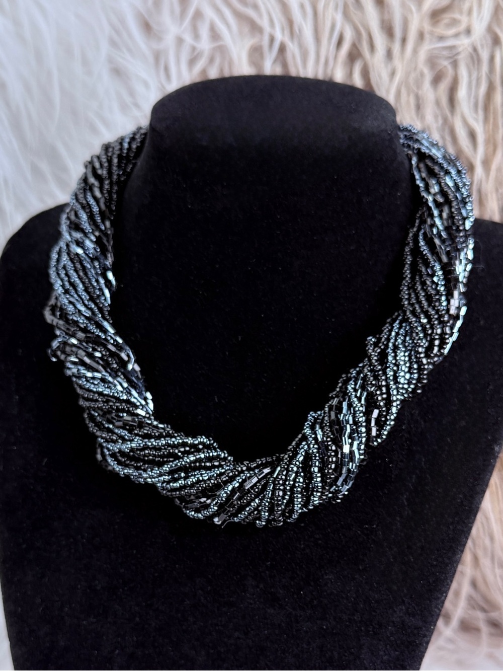 Vintage Black Seed & Bugle Bead Multi Strand Torsade Necklace